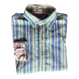 Robert Graham Large Casual Flip Cuff Shirt Designer Luxury Green Striped Size XL